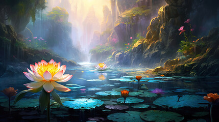 A lotus flower in a serene environment with a waterfall