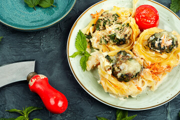 Nest of noodles pasta with meatballs