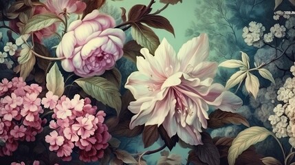 A beautiful fantasy vintage wallpaper botanical flower. Generative ai.