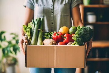 Fresh and Organic Vegetables Delivered to Your Doorstep: Woman's Exciting Delivery - obrazy, fototapety, plakaty