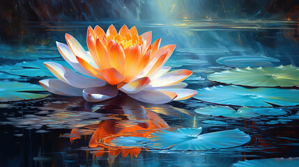A lotus flower in a serene environment with a waterfall