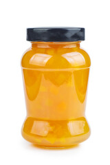 Peach jam in glass jar isolated on white background