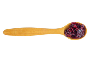 Some dried cranberry in wooden spoon isolated on white background