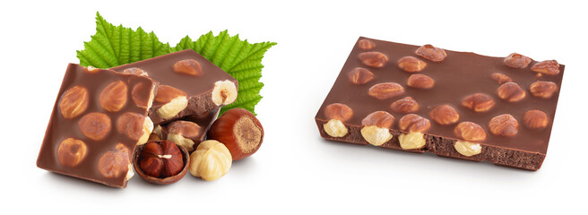 Chocolate with hazelnuts isolated on white background with full depth of field.