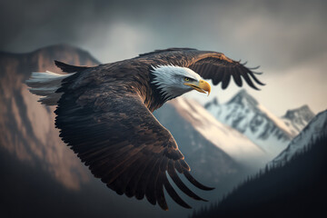 Fototapeta premium Bald eagle flying and gliding slowly on the sky over high mountains. Generative AI