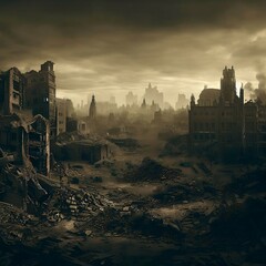 City ​​destroyed after war. Made by AI bing image creator.