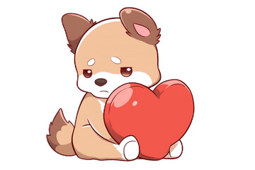 Cute Sad Puppy with Heart Pillow, Isolated on Transparent Background. Generative AI