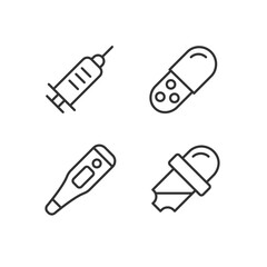 Clinical equipment pixel perfect linear icons set. Measuring temperature. Injection and capsule drug form. Customizable thin line symbols. Isolated vector outline illustrations. Editable stroke