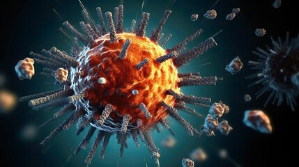Close up of a virus, covid, covid 19, bacterium, macro, macro organism, virus, closeup, orange, blue, 3d