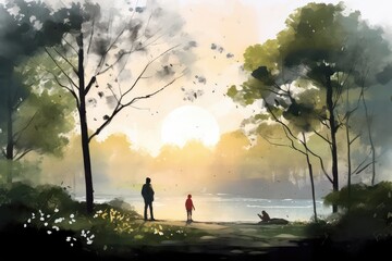 Obraz na płótnie Canvas Peaceful park watercolor illustration - Generative AI.