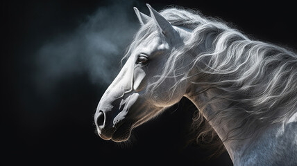 Obraz na płótnie Canvas Portrait gray Andalusian horse with long mane and steam from a mouth at a black background with back lighting. Generative Ai