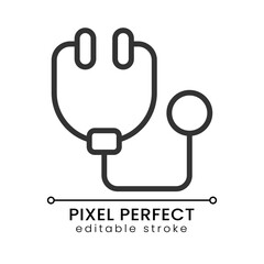 Stethoscope pixel perfect linear icon. Medical device. Listen to heartbeat and respiration. Thin line illustration. Contour symbol. Vector outline drawing. Editable stroke. Poppins font used