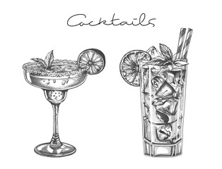 Hand drawn cocktail. Alcoholic drinks in glasses. Sketch juice. Vector set.