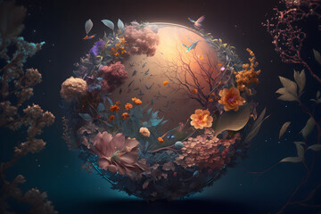 Obraz na płótnie Canvas Fantasy Colorful Circle flower, plant and leaves floral background