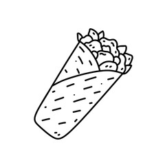 Burrito isolated on white background. Traditional mexican fast food, street food snack. Vector hand-drawn illustration in doodle style. Perfect for various designs, cards, logo, menu.