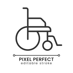 Wheelchair pixel perfect linear icon. Medical transportation device. Healthcare. Patient mobility. Thin line illustration. Contour symbol. Vector outline drawing. Editable stroke. Poppins font used