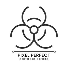 Biohazard pixel perfect linear icon. Warning sign. Biological threat. Medical waste. Lab caution. Thin line illustration. Contour symbol. Vector outline drawing. Editable stroke. Poppins font used