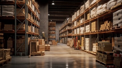 Fototapeta premium A large clean warehouse with boxes. Generative ai.