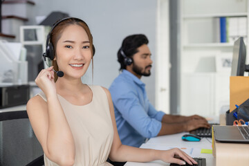 Female wear headset operator worker call center hotline. woman working customer support service operator. communication in corporate, Business advisor concept.