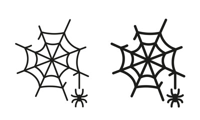Spiderweb Line and Silhouette Black Icon Set. Spooky Spider Web, Halloween Decoration Pictogram. Fear Cobweb Trap with Spider on Thread Symbol Collection. Isolated Vector Illustration
