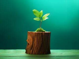 the small green plant growing on the stump of a tree