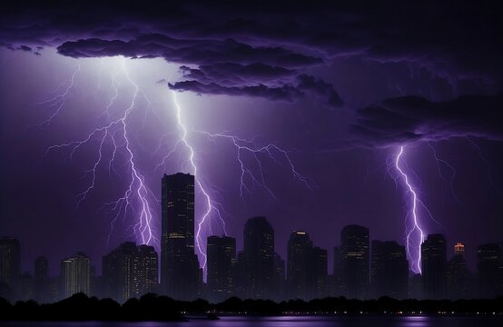several in purple lightning strikes during a strong thunderstorm over the city created with generative ai