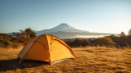 Tent with a view of fuji mountain, camping at mountain fuji. Generative Ai