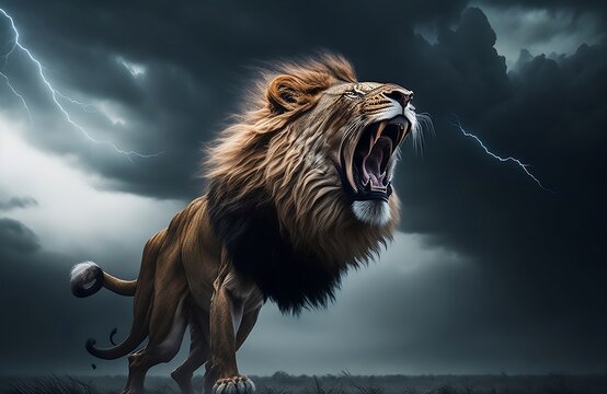 roaring lion against stormy sky with thundering background created with generative ai