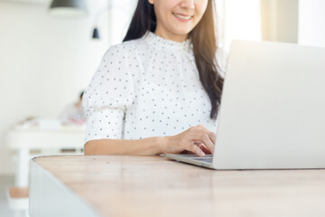 Fototapeta premium woman work using computer hand typing laptop keyboard contact us.student study learning education online.adult professional people chatting search at office.concept for technology device business