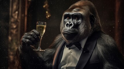 A realistic photo with a gorilla drinking. Generative ai.