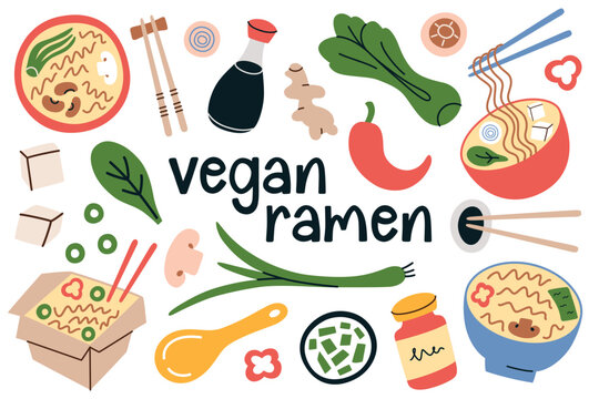 Vegan ramen hand drawn collection, doodle icons of noodle soup with different toppings, vector illustrations of tofu, bok choy, mushrooms, Asian food in bowls with chopsticks, isolated colored clipart
