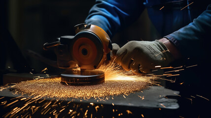 a person working with a metal grinding machine on metal. Generative Ai