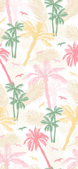 Vector beautiful exotic summer pattern with palm trees and leaves on white background. Tropical illustration print.