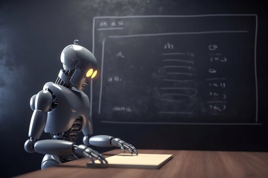 cyborg that makes on the wall chalkboard in classroom