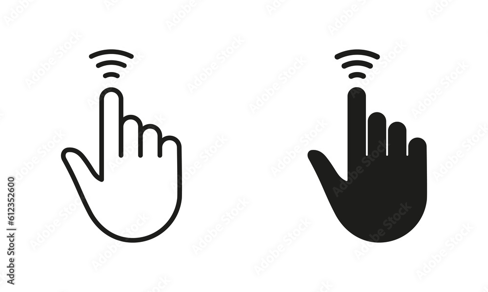 Poster cursor hand, computer mouse swipe up line and silhouette black icon set. pointer finger pictogram. p