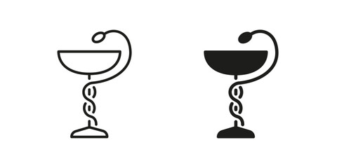 Bowl with Snake Line and Silhouette Black Icon Set. Pharmacy Pictogram. Pharmaceutical or Medical Clinic, Drugstore, Hospital Symbol Collection on White Background. Isolated Vector Illustration