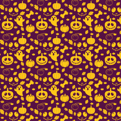 Seamless Halloween pattern , cheerful pumpkins , bone , cute scary ghost , eyes with a smile , autumn leaves , decorative holiday pattern