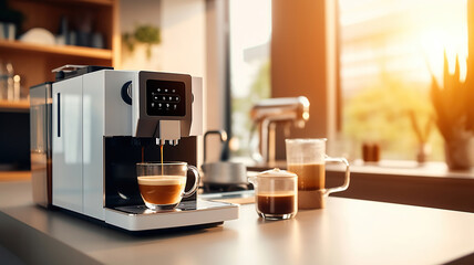 Modern coffee machine with cup on counter in kitchen. Generative Ai
