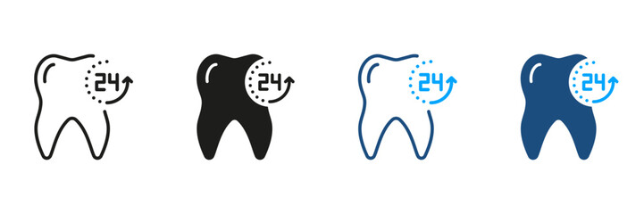 Dental Protection for 24 Hours Silhouette and Line Icons Set. Teeth Hygiene, Dental Treatment Symbol Collection. Oral Care, Fresh Tooth Pictogram. Dentistry Sign. Isolated Vector Illustration