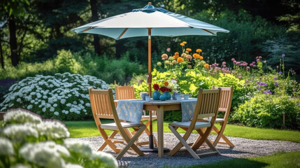 Obraz premium Summer picnic table, chairs and umbrella outdoors in a beautiful summer garden in the morning. Generative AI