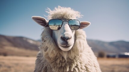 Fototapeta premium A realistic photo with a funny sheep wearing sunglasses. Generative ai.