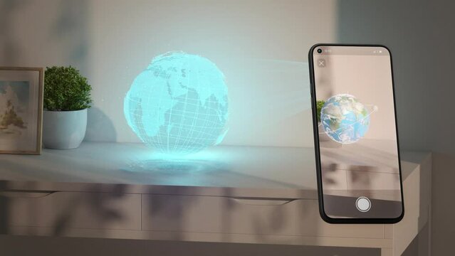 Planet eatrh bhologram stand on table phone display augmented reality