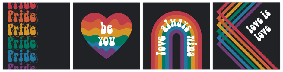 Pride month retro square social media template. LGBT vector posters set in 70s groovy style.