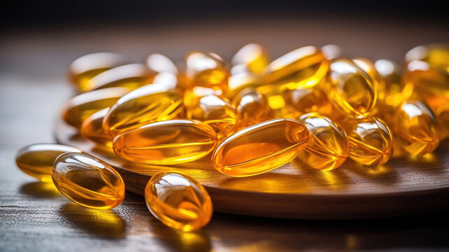 Close up vitamin D and Omega 3 fish oil capsules supplement on wooden plate. Generative Ai