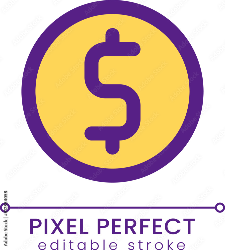 Wall mural Coin pixel perfect RGB color ui icon. Money saving account. Banking service. Simple filled line element. GUI, UX design for mobile app. Vector isolated pictogram. Editable stroke. Poppins font used