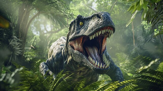 A realistic photo with a tyrannosaur rex. Generative ai.