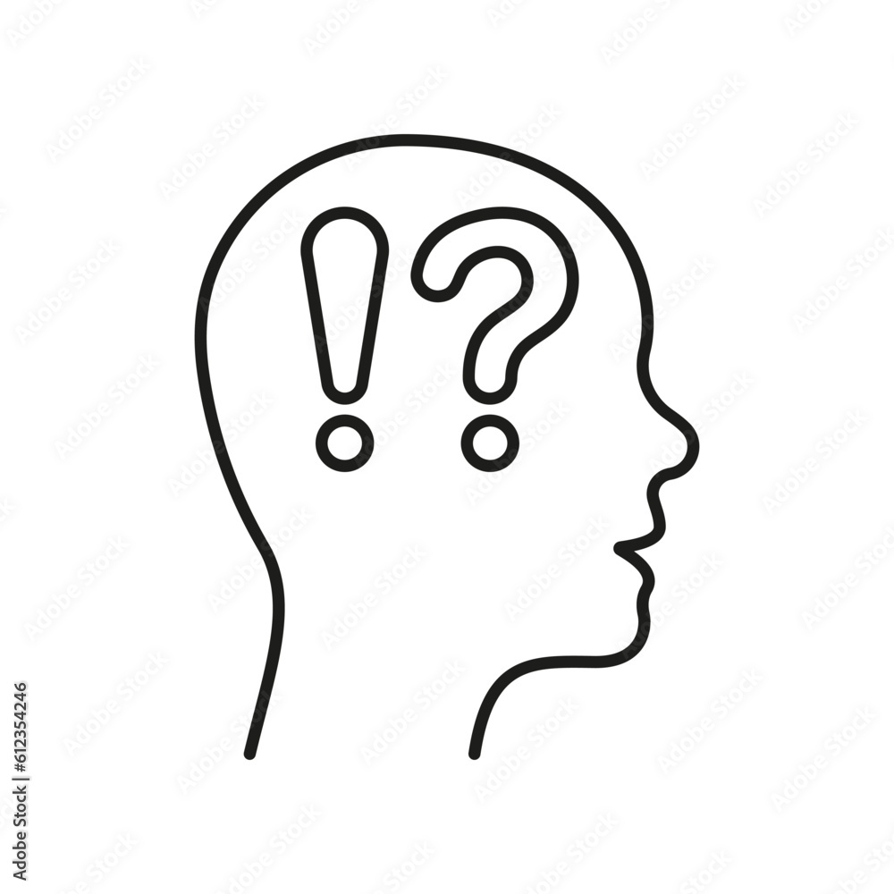 Poster man confused outline symbol. human head with question mark, exclamation point line icon. person face