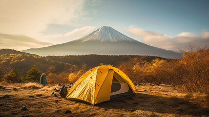 Tent with a view of fuji mountain, camping at mountain fuji. Generative Ai