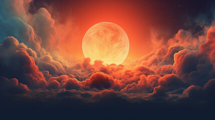 Bright orange moon behind the clouds. Generative AI