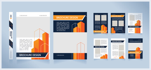 Construction business blank brochure design. Template set with copy space for text. Premade corporate reports collection. Editable 8 paper pages. Arial Regular, Calibri Bold fonts used